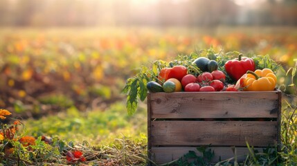 Wall Mural - Bountiful Harvest of Fresh Organic Vegetables in Wooden Crate on Farm Field