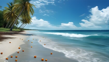 Tropical beach paradise featuring coconuts, palm trees, and a vibrant blue ocean, perfect for summer relaxation and artistic escape