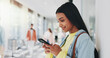 © PeakPoints/peopleimages.com - Student, phone or smile in hallway for contact, text and good news on social media. Girl, mobile or connected in university for communication, class schedule or happy for academic review on internet