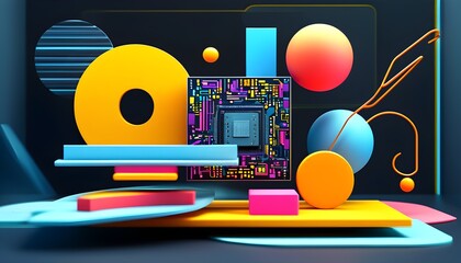 Wall Mural - Futuristic Geometric Abstract of Colorful Computer Chip in a Minimalist 3D Technology Landscape