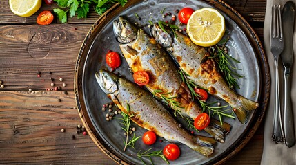 Wall Mural - Two whole baked trout on a plate with lemon and cherry tomatoes on a wooden table next to cutlery