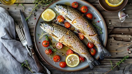 Two whole baked trout on a plate with lemon and cherry tomatoes on a wooden table next to cutlery