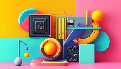 Futuristic Geometric Abstract of Colorful Computer Chip in a Minimalist 3D Technology Landscape