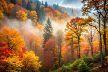 Wall Mural - Autumn forest blanketed in mist with vibrant foliage and serenity