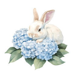 Cute rabbit with Hydrangea bouquet, watercolor