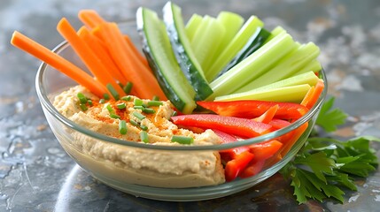 Wall Mural - Vegetables cut into strips cucumber red bell pepper carrots celery and hummus in a glass bowl