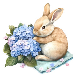 Cute rabbit with Hydrangea bouquet, watercolor