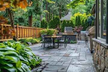 Large backyard in Seattle with a patio area, outdoor dining table, grill, stone floor, green trees, and wooden fence, showcasing spring season.