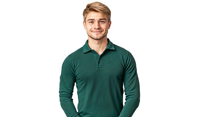 Poster - Portrait of a handsome man smiling, wearing a green shirt in a casual pose, isolated on a transparent background