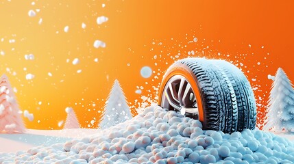 winter tires panoramic concept with for the site header on a bright orange background