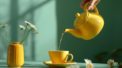 Wall Mural - Womans hand pour tea from yellow jug in a cup minimalist on a green table hot healthy drink mint tea in a yellow colored cup