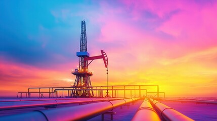 Poster - Oil Pump Jack and Pipelines at Sunset.