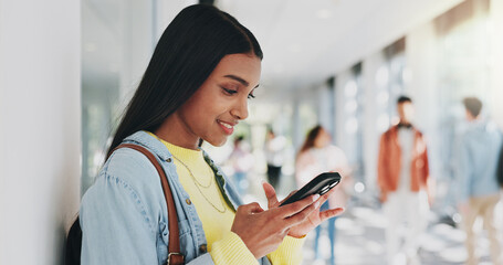 Poster - Student, mobile or smile in hallway for contact, text and good news on social media. Girl, phone or connected in university for communication, class schedule or happy for academic review on internet