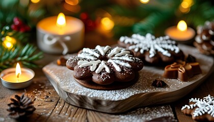 Wall Mural - Cozy chocolate gingerbread cookies adorned with white icing, radiating festive cheer and warmth for Christmas and New Year celebrations on a charming wooden table