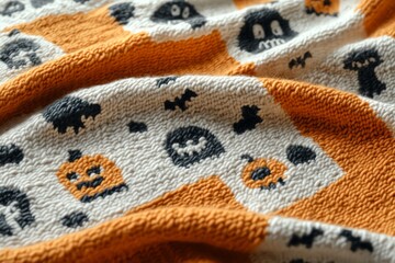 Close-up of a festive Halloween-themed fabric with pumpkins and spooky designs in orange, black, and white colors.