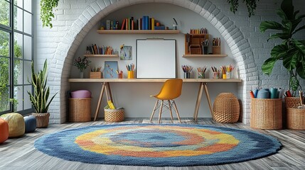 A Cozy and Colorful Home Office Space with a Brick Wall, Plants, and a Yellow Chair