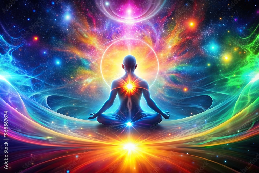 The stock photo shows a colorful cosmic background with vibrant light energy flowing through the universe representing the concept of the higher mind spirituality life force and prana Stock Illustration | Adobe