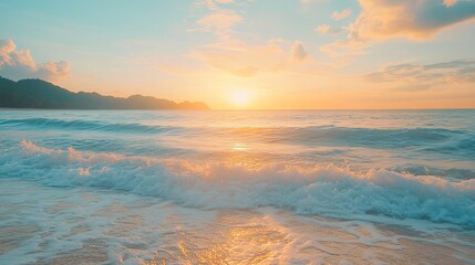 Sticker - Colorful sunlight shimmering on the soft waves of the sea during the morning, captured in Thailand.