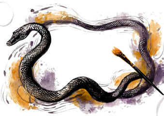 Wall Mural - Hand drawn watercolor frame with snake, brush and ink.