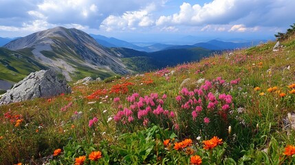 Wall Mural - Summer in the Carpathian Mountains, with lush green landscapes, blooming wildflowers, and clear, serene skies.