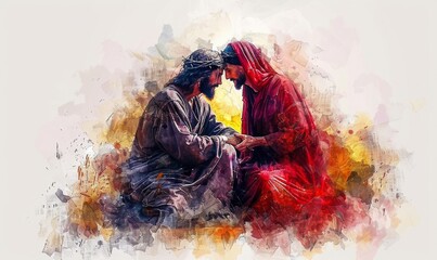 A heartfelt moment of connection between two figures in a vibrant, expressive artwork depicting compassion and understanding against a warm, abstract background