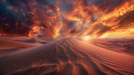 Wall Mural - Dramatic desert with towering sand dunes and warm sunset hues of orange and pink