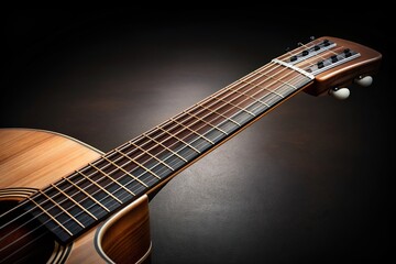 Acoustic guitar fretboard with detailed wood grain pattern isolated on a dark background, grain, instrument, harmony, frets, isolated, music, extreme close-up, guitar, wooden, melody