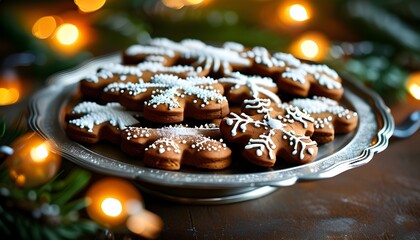 Wall Mural - Festive decorated gingerbread cookies on a silver plate, illuminated by warm holiday lights, perfect for Christmas and New Year culinary displays