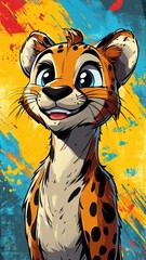 Wall Mural - Cartoon art style, a cheetah with exaggerated features and a playful expression, set against a bright, whimsical background.