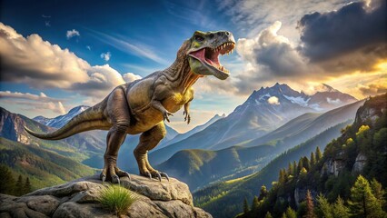 Sticker - breathtaking, Jurassic, overlooking, extinct, mountain, concept, powerful, A majestic Tyrannosaurus Rex stands on top of a rocky mountain overlooking a breathtaking panoramic view