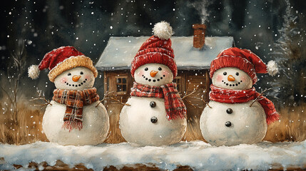 Winter holiday background banner cute snowman Merry christmas and happy new year