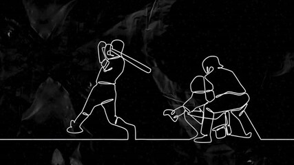 Wall Mural - Animation of drawing of baseball players playing baseball on black background