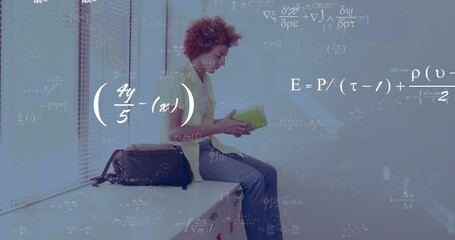 Sticker - Animation of mathematical equations over biracial male student reading