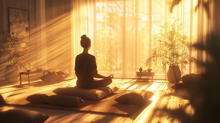 Aufkleber - A serene person engages in mindful meditation within a bright, cozy space adorned with gentle decor and plush cushions.