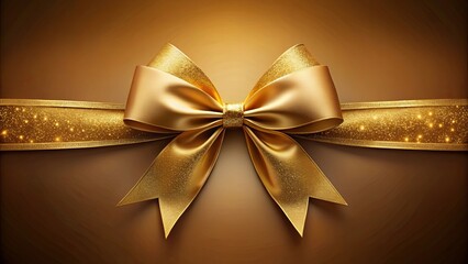 Wall Mural - A luxurious golden bow with a ribbon on a warm brown background, accented with a shimmering gold ribbon