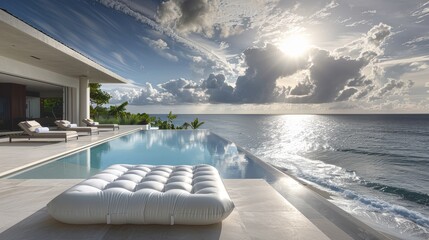 Wall Mural - Large White Outdoor Inflatable Mattress Floating on Infinity Pool Edge, Overlooking Ocean and Cloudy Sky in Front of Modern Island-Style Mansion