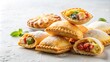 © Sayfar - brazilian cuisine, traditional, handheld food, A delicious Brazilian typical pastry called pastel with a crispy dough and a variety of fillings presented on a clean white background