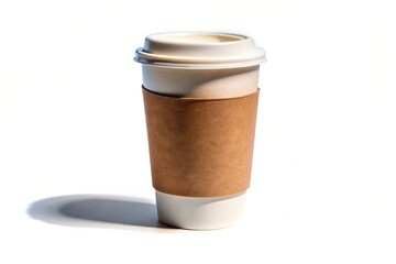 Small white paper cup of coffee with a brown sleeve and lid isolated on a white background featuring a close up view with a shadow, takeaway, shadow, coffee sleeve, portable