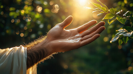 Jesus Christ's Hand. Divine Light on Outstretched Hand: Spiritual Healing Concept