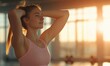 © Harsh - a realistic photo of a young woman doing physical activity inside the gym she is stretching on a sunny day