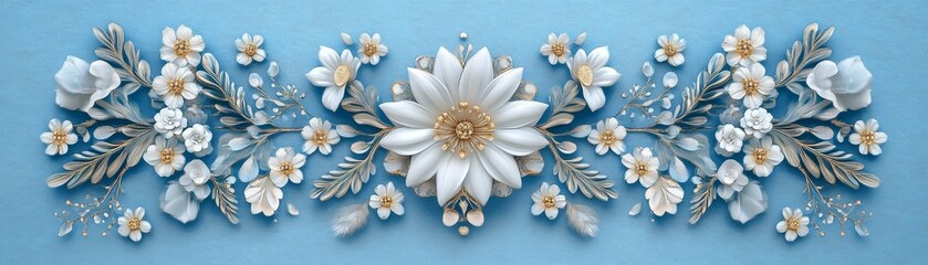 Canvas Print - White Flowers and Golden Leaves on Blue Background