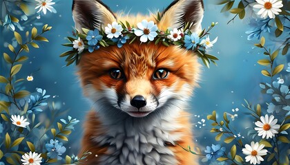 Wall Mural - Charming fox cub adorned with a flower crown against a serene blue backdrop, celebrating springs beauty and wildlife in a whimsical design for invitations and cards