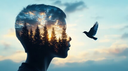 Wall Mural - Silhouette of a Child with Forest and Bird Double Exposure at Sunset