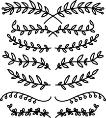 Wall Mural - Set of hand drawn leaves, branches, flowers, flourishes. Design element for banner, sign, poster, decoration. Vector illustration