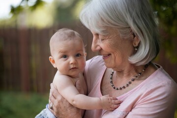 Grandmother holding baby outdoors. Warm family moment. Generational bonding concept. Perfect for family care, parenting content. Photo for greeting cards, social media, advertising with copy space.