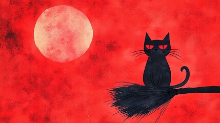 A mysterious black cat perched on a broom under a large full moon, set against a vibrant red background, exuding a magical aura.