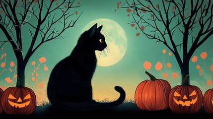 A black cat sits beside carved pumpkins under a glowing full moon, surrounded by bare trees, creating a mystical Halloween scene.