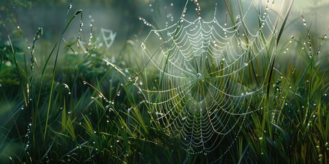 Glistening Spider s Web Amongst the Blades of Grass