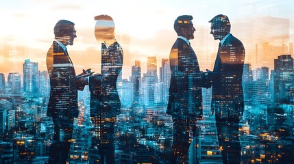 Wall Mural - Business Professionals Cityscape Double Exposure