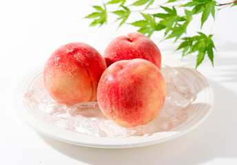 Wall Mural - Cut peaches and ice on a plate on white background.